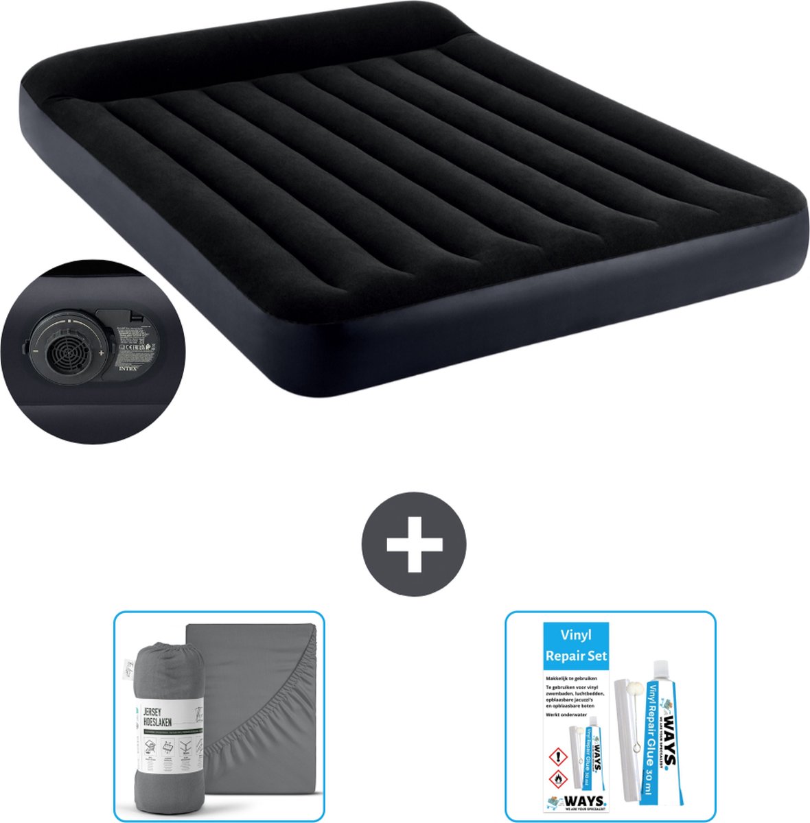 Intex Luchtbed - 2-Persoons - 152 x 203 x 25 cm - Blauw - Met ingebouwde pomp Hoeslaken Antraciet en Reparatieset