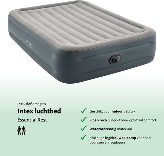 Intex Airbed Set - 2-Person - 152 x 203 x 46 cm - Grijs - Avec Pompe intégrée + Hoeslaken Anthracite + Kit de réparation