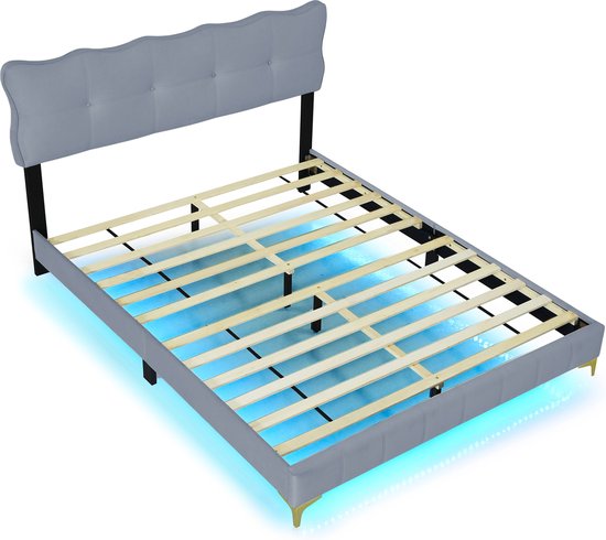 BRYXR 160 x 200 cm fluwelen gestoffeerd bed, tweepersoonsbed met 3 laden en ledverlichting, functioneel opbergbed met comfortabel hoofdeinde, stabiele lattenbodems voor perfect slaapcomfort