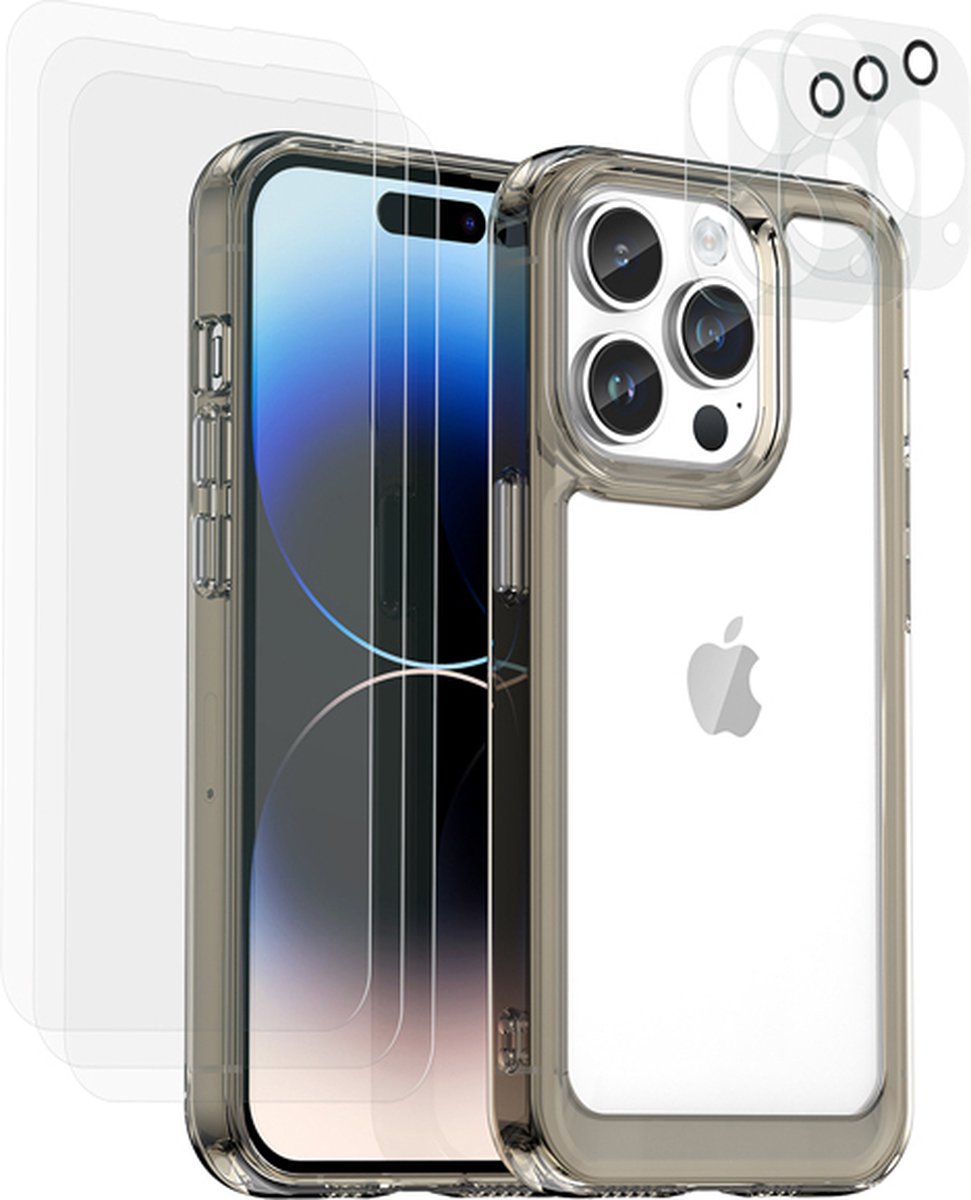Eko, Hoesje geschikt voor iPhone 14 Pro - Anti-Shock met 6 Tempered Glass Screenprotectors, Transparant zwart