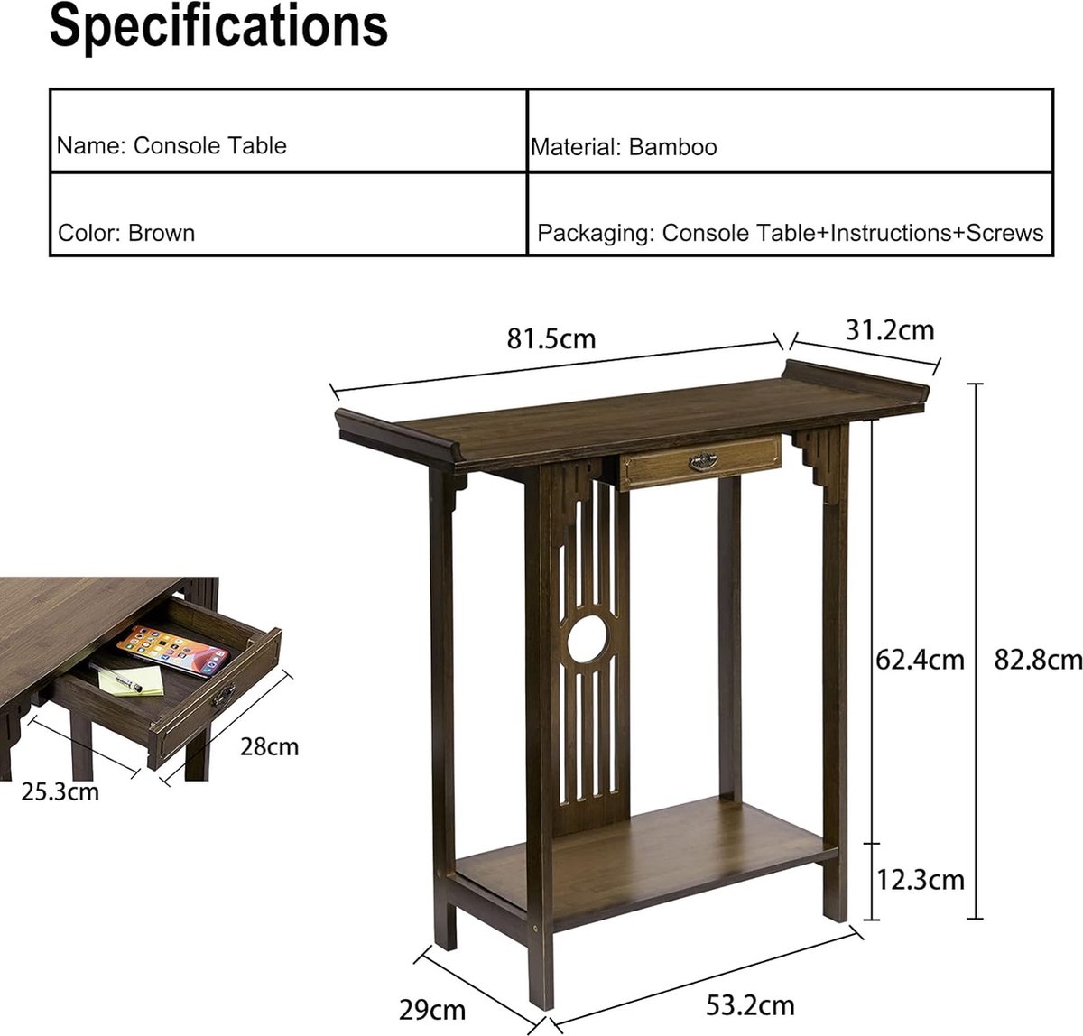 Houten consoletafel met lade: consoletafel smalle bijzettafel haltafel met 2 planken banktafel 53 x 29 x 83 cm typische stijl voor hal woonkamer entree