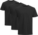 Drie zwarte T-shirts op een rij, gezien vanaf de voorkant.