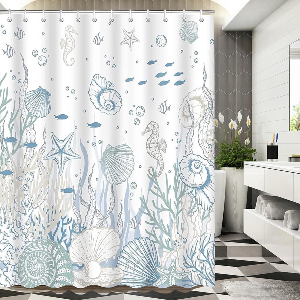Douchegordijn 240 x 200 cm zeebodem, schimmelwerend textiel, verzwaarde zoom, waterafstotend, wasbaar polyester badgordijnen met oogjes en 16 douchegordijnringen voor badkamer, badkuip