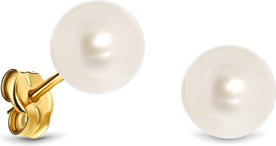 Een set gouden knopjes met ronde, witte zoetwaterparels van 7 mm.