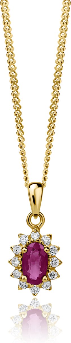 Miore Pure Collier Ketting Dames - 9 Karaat - Kleur Geelgoud - Met Diamanten en Robijn - 45 cm
