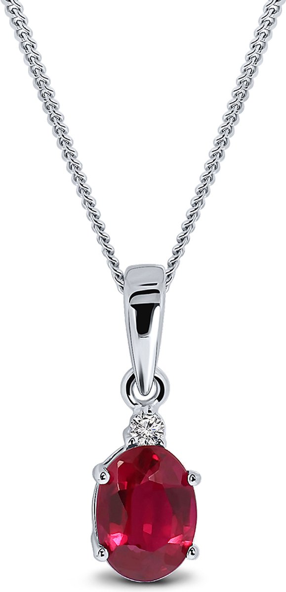 Miore Pure Collier Ketting Dames - 9 Karaat - Zilverkleurig - Met Diamanten en Robijn - 45 cm