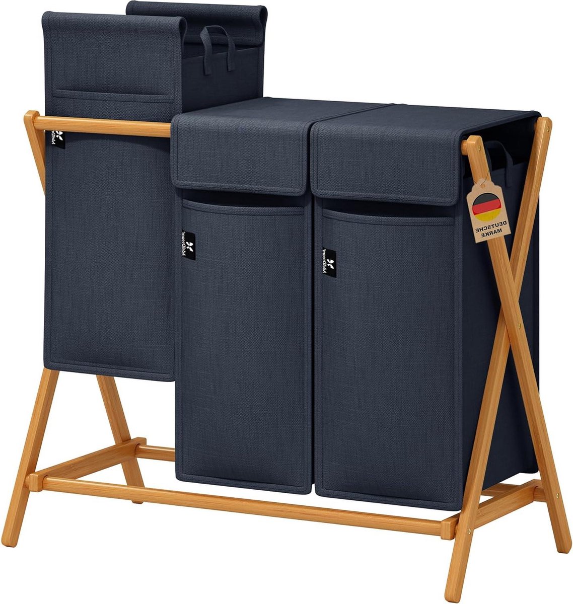 Goedkoopste AdelDream Wasmand bamboe wassorteersysteem - X-vormige wasbox met 3 vakken - 150 liter wasmand 3 vakken