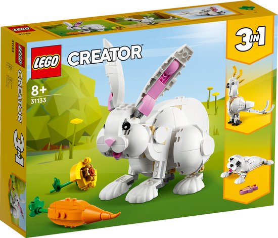 Boîte LEGO Creator : un lapin blanc, un cacatoès blanc, un phoque blanc.