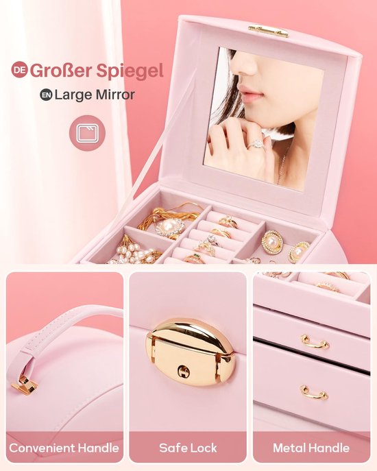 Yorbay Sieradenkistje, afsluitbaar met spiegel, 7 niveaus en uitneembare reisdoos, Seelux serie, sieraden organizer voor halskettingen, polshorloges, ringen, armbanden, oorbellen, wit (herbruikbaar
