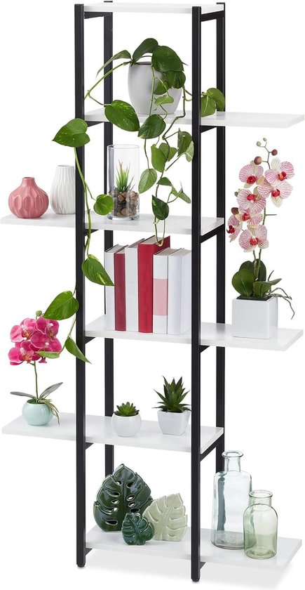 Relaxdays plantenrek metaal, met 6 etages, binnen, woonkamer, HxBxD: 150 x 78 x 24 cm, bloemenrek, wit/roodbruin
