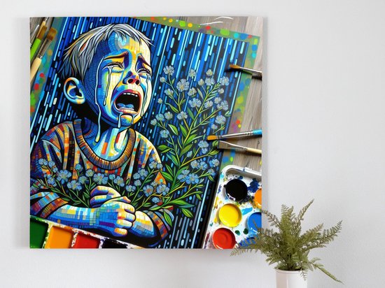 Acryl huilend kind schilderij | Acryl Tears: Portrayal of Innocence and Sorrow in Art | Kunst - 50x50 centimeter op Dibond | Foto op Dibond