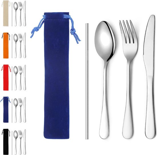 Campingbestekset, inklapbaar, roestvrij staal, 2-pack, 4-in-1 outdoor bestek om mee te nemen, Bundeswehr reisbestek, klapbestek, 1 persoon voor onderweg, flesopener, mes, vork, lepelset, 2x zwart