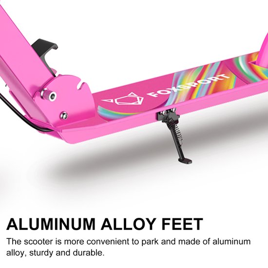 Close-up van het aluminium frame van de roze kinderstep met een uitschuifbare standaard.