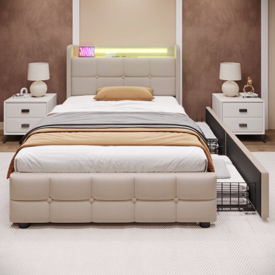 Opbergbed 140 x 200 cm met verstelbaar hoofdeinde - fluweel - lattenbodem - Scandinavische stijl
