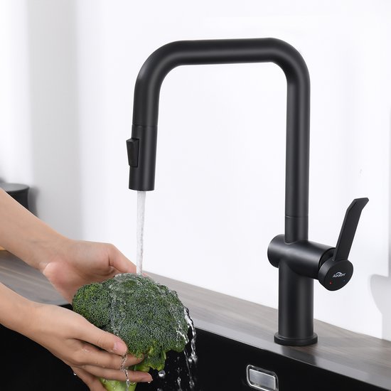Auralum Keukenkraan mat zwart met uittrekbare dual spray - Gootsteenkranen 360° draaibare éénhendel Mengkraan Keuken Barkranen
