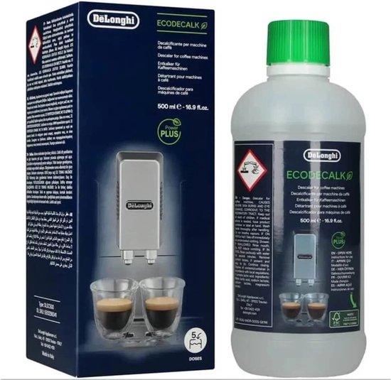 Doos en fles De'Longhi EcoDecalk ontkalker, met afbeelding van koffiemachine en espresso's.