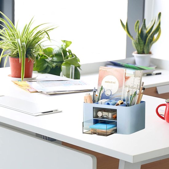 Bureau organizer pennenhouder met 5 vakken en 2 laden - multifunctioneel - blauw bureau organizer