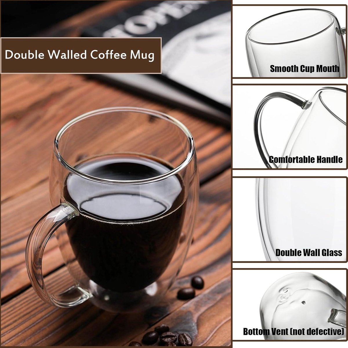 Ulrikco Lot De 4 Tasses à Café En Verre à Double Paroi De 355 Ml