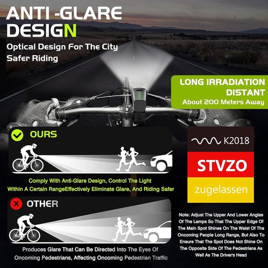 Led-fietslampenset StVZO waterdicht USB-oplaadbaar - voorlichten achterlicht fietsbel — afbeelding 4