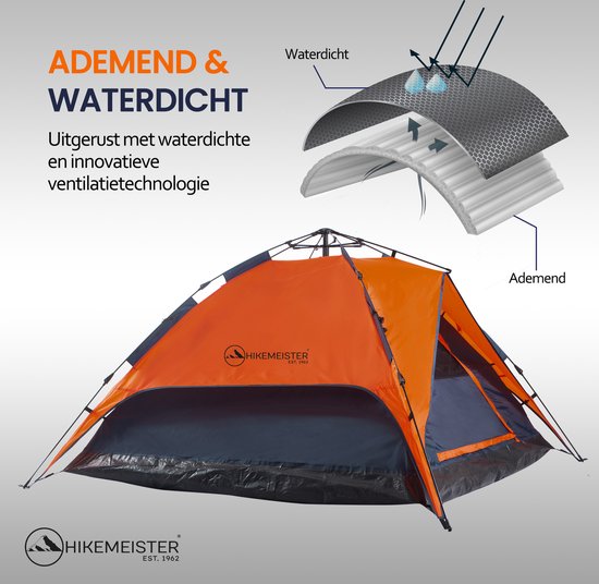 Hikemeister ® Kampeertent, 3-Persoons Automatic Pop-Up Tent - 200 x 200 x 145 cm - Backpacking Tent met binnentent