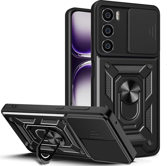 Foto: Casemania hoesje geschikt voor oppo reno 12 pro zwart anti shock hybrid armor met kickstand ring met camera bescherming