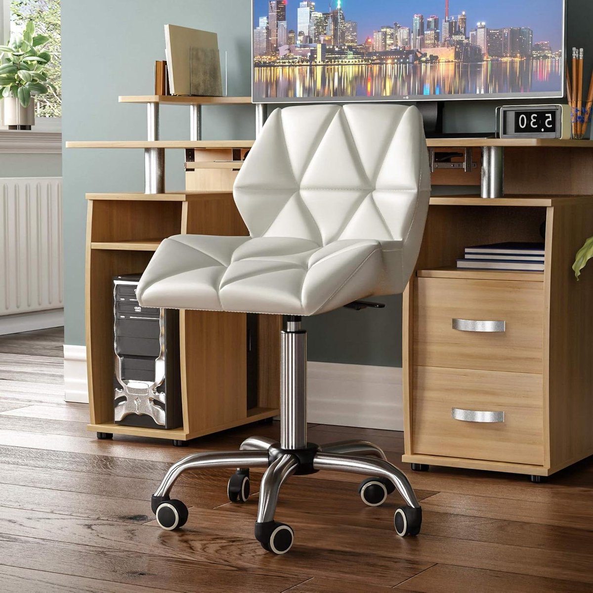 Geo Computer Stoel Wit Gaming Secretaresse Verstelbare Draaibare Benen - Lift Chrome PU Faux-Leer - Vida Designs