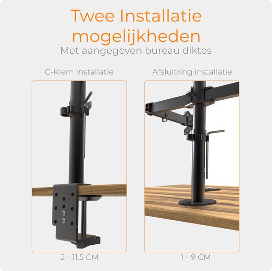 Twee installatiemogelijkheden: C-klem (2-11.5 cm) of afsluitring (1-9 cm).