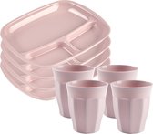 Plasticforte camping servies van kunststof - 4x vakjesborden en 4x drinkbekers - roze - onbreekbaar