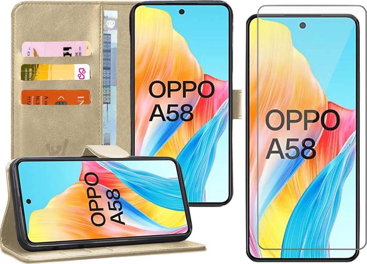 Hoesje geschikt voor Oppo A58 4G - Screenprotector Glas - Portemonnee Book Case Goud