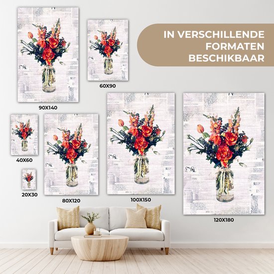 Illustration fleur sur coupure de journal 90x140 cm - Tirage photo sur toile (Décoration murale salon / chambre) / Peintures Fleurs sur toile