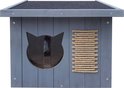 Grijze kattenren met ronde opening in kattengezicht-vorm, een luik en touwen. Dak is bedekt met donker materiaal.