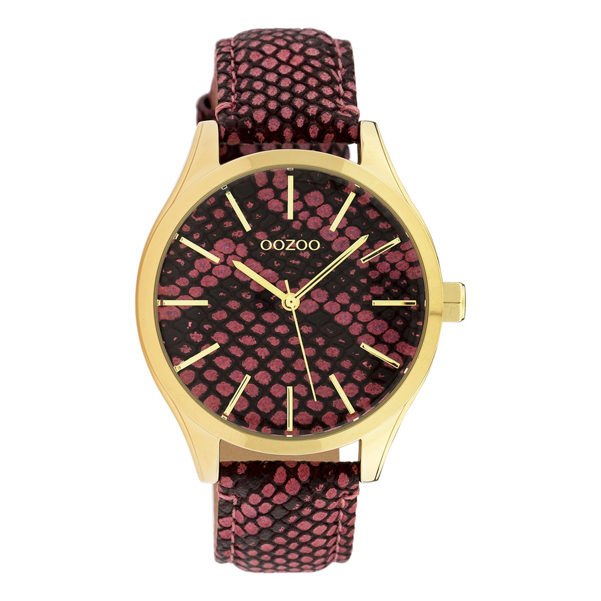 OOZOO Timepieces - Goudkleurige horloge met bordeaux rode leren band - C10433