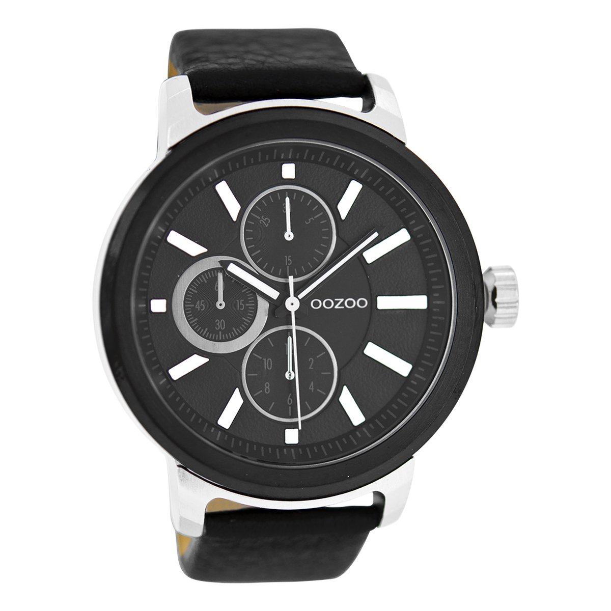 OOZOO Timepieces - Zilverkleurige horloge met zwarte leren band - C6069