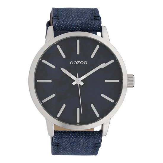OOZOO Timepieces - Zilverkleurige horloge met jeans blauwe leren band - C10002