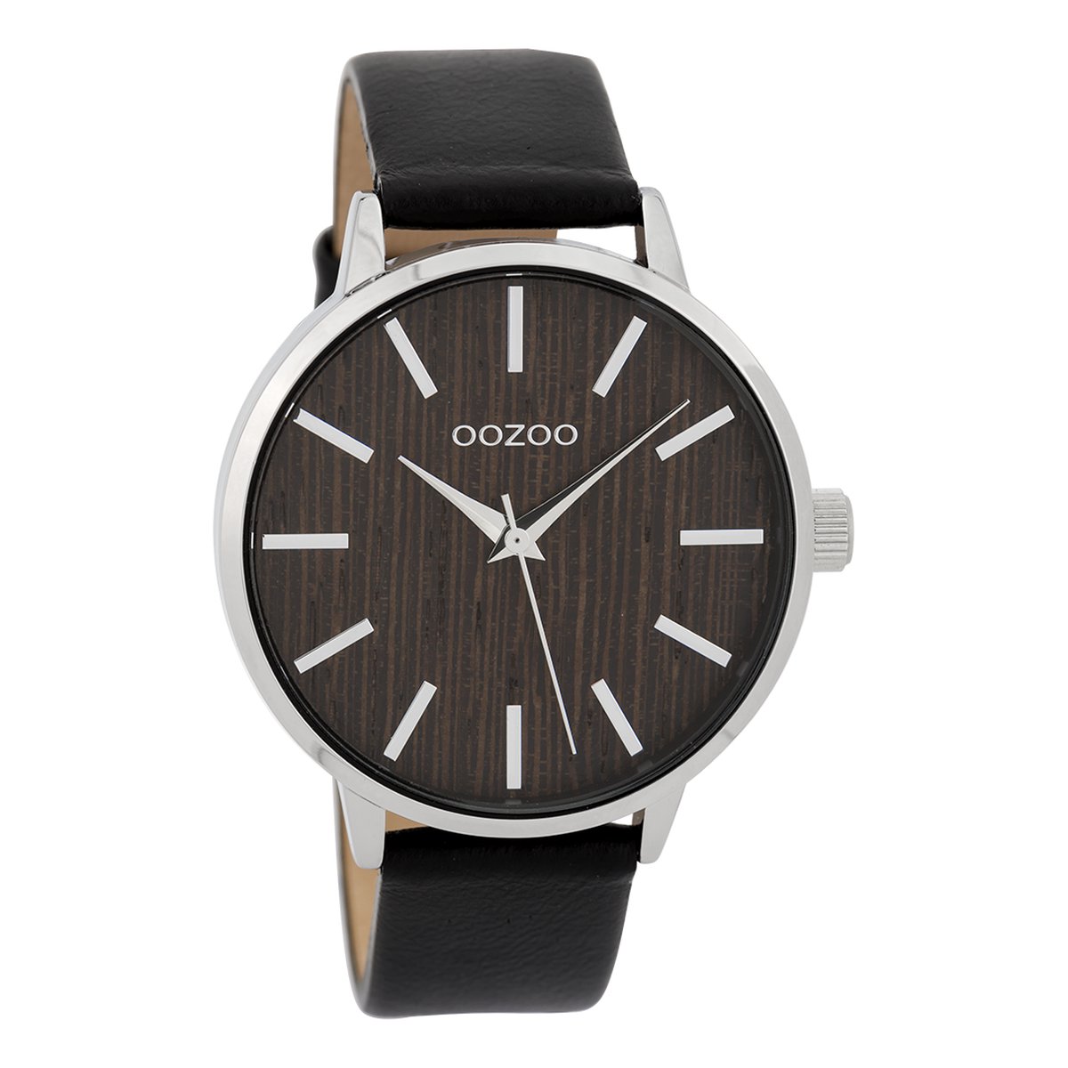 OOZOO Timepieces - Zilverkleurige horloge met zwarte leren band - C9254