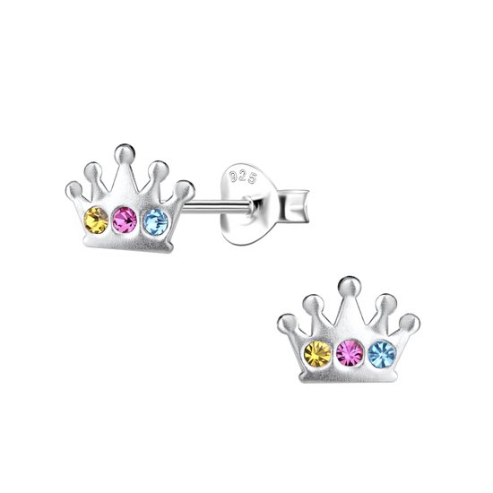 Zilveren oorbellen meisje | Oorbellen kind | Zilveren oorstekers, kroontje met gekleurde kristallen