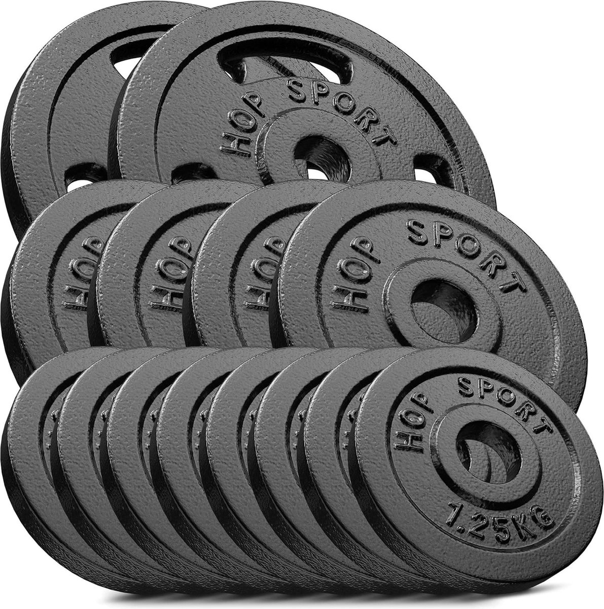 Hop-Sport Halterschijven Set 30 kg – Gietijzeren Gewichten 8x1,25 kg, 4x2,5 kg, 2x5 kg – Geschikt voor Halterstangen Ø30 mm