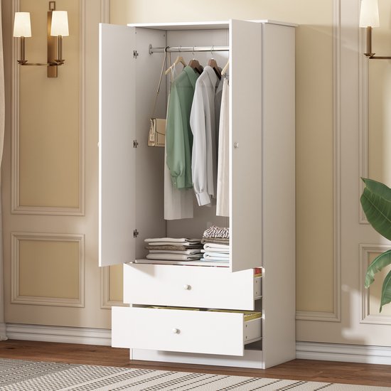 Sweiko Garderobe met paal, Opbergkast, 2-deurs garderobe, 2-laden, slaapkamer, woonkamer, gang garderobe, spaanplaat, Wit