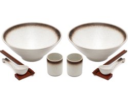 Intirilife Ramen bowl set voor 2 personen gemaakt van keramiek in wit - 1,1 liter - 2x kom eetstokjes lepel mok en dienblad per stuk - voor noedelsoep rijst udon kommen Kom Japanse soep