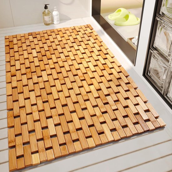 Douchemat, antislip, waterdichte houten douchevloermat, bamboe badmat for de badkamer, met antislipvoetjes, for deur, sauna, spa, tuin, patio, zwembad, buitengebruik, aanpasbaar(W65xL75cm/W25.5xL29.5i