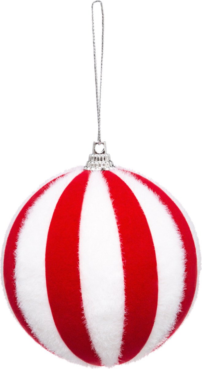JJA - Rood-wit gestreepte kerstbal 8 cm van imitatiebont