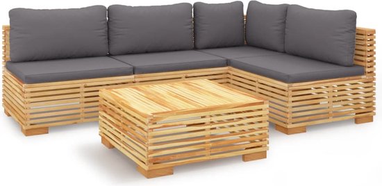 The Living Store Lounge set Jardin - Bois - 5 pièces - kussen gris foncé - Dimensions - 69,5 x 69,5 x 60 cm - Incl - coussins - The Living Store