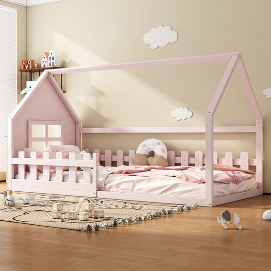 Aunvla 90 x 200 cm plat bed, kinderbed, huislijst, roze
