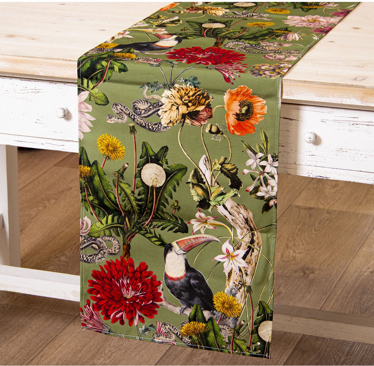 Alexandra House Living Tafelloper Groen Textiel 33 x 180 cm Katoen Gebloemd