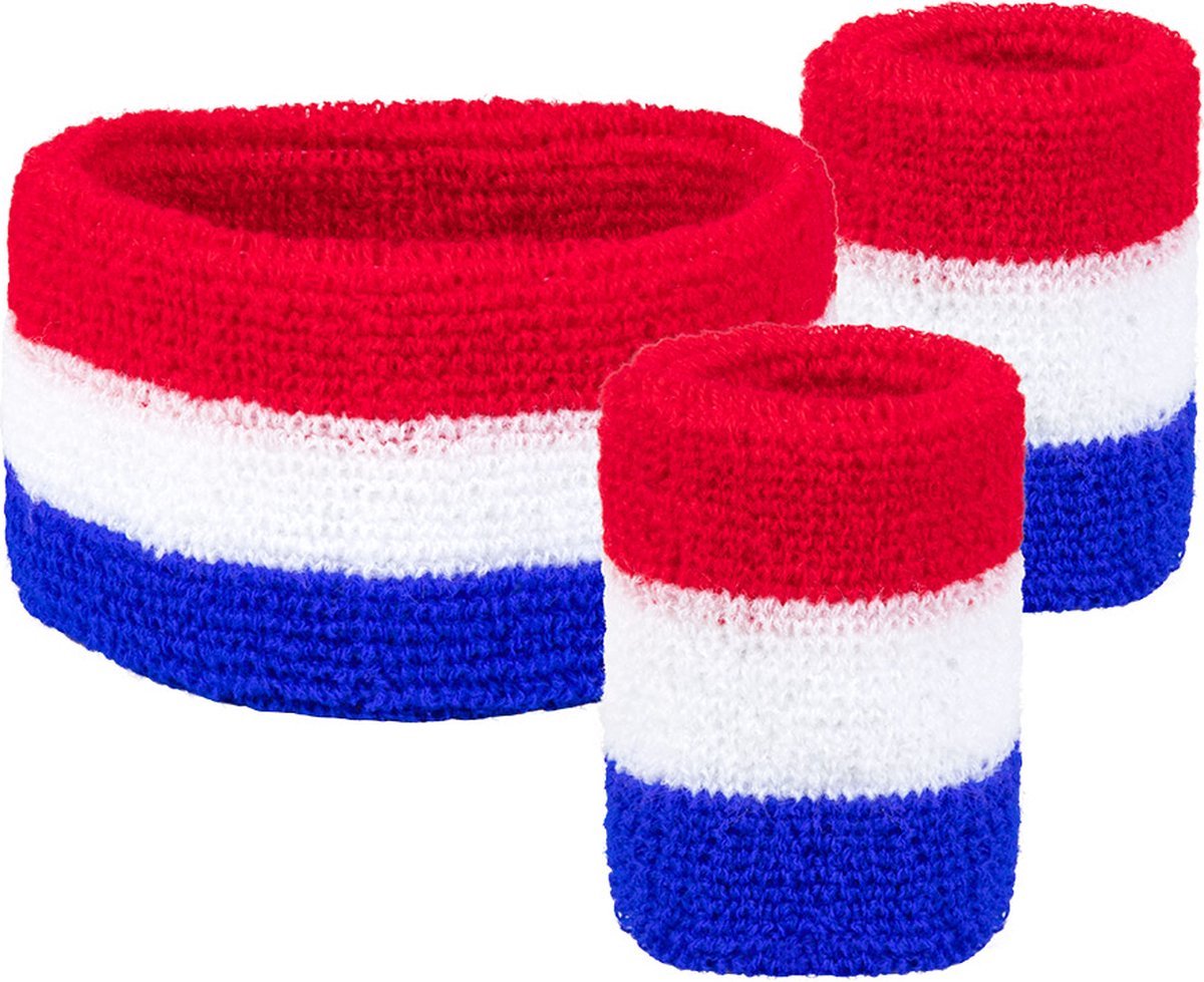 Scoby - Zweetbandjes set - Nederland - Voetbal - EK - WK - Koningsdag - Polsbandjes - Hoofdband - Sportband - 3 Delig - Rood Wit Blauw