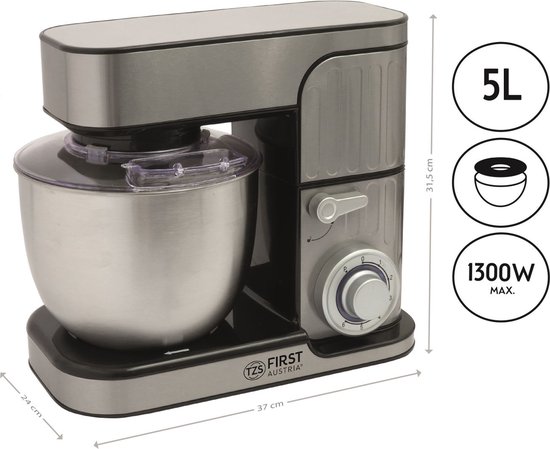 TZS First Austria Keukenmachine - Mixer - 5 Liter - 1300W - Zilver van Tzs First Austria — afbeelding 4