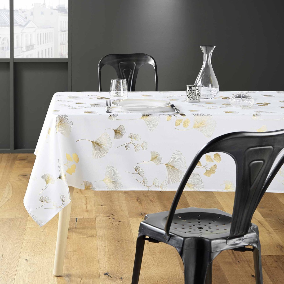 Tafelkleed rechthoekig BLOOMY, wit, gouden Japanse notenboom