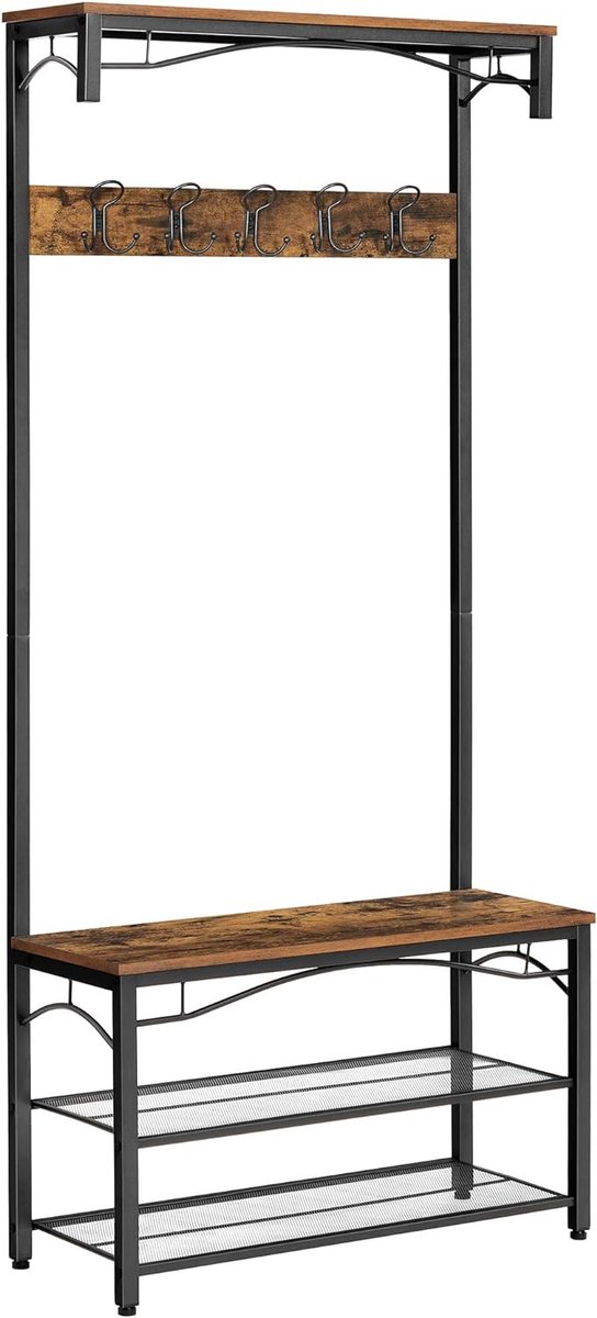 FurnStar - Kapstok - Coat Rack - Hallway Cabinet - with Top Board - Shoe Rack - Bench and 5 Double Hooks - Metal Frame - 80 x 32 x 178.8 cm - Industrial Style - Rustic Brown and Black
