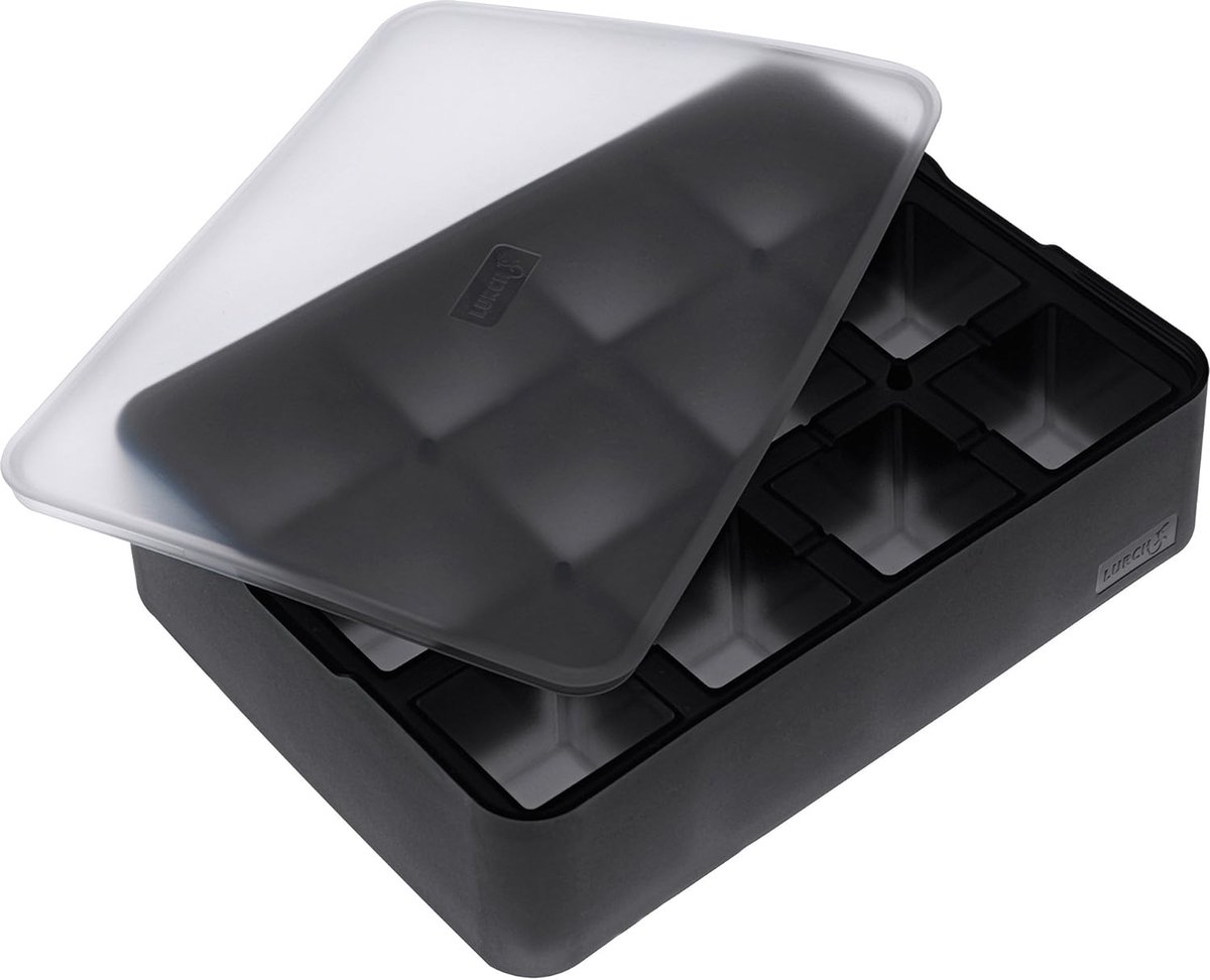 Premium ijsmaker van siliconen met deksel voor 12 ijsblokjes in de grootte 4 cm, zwart, kubus