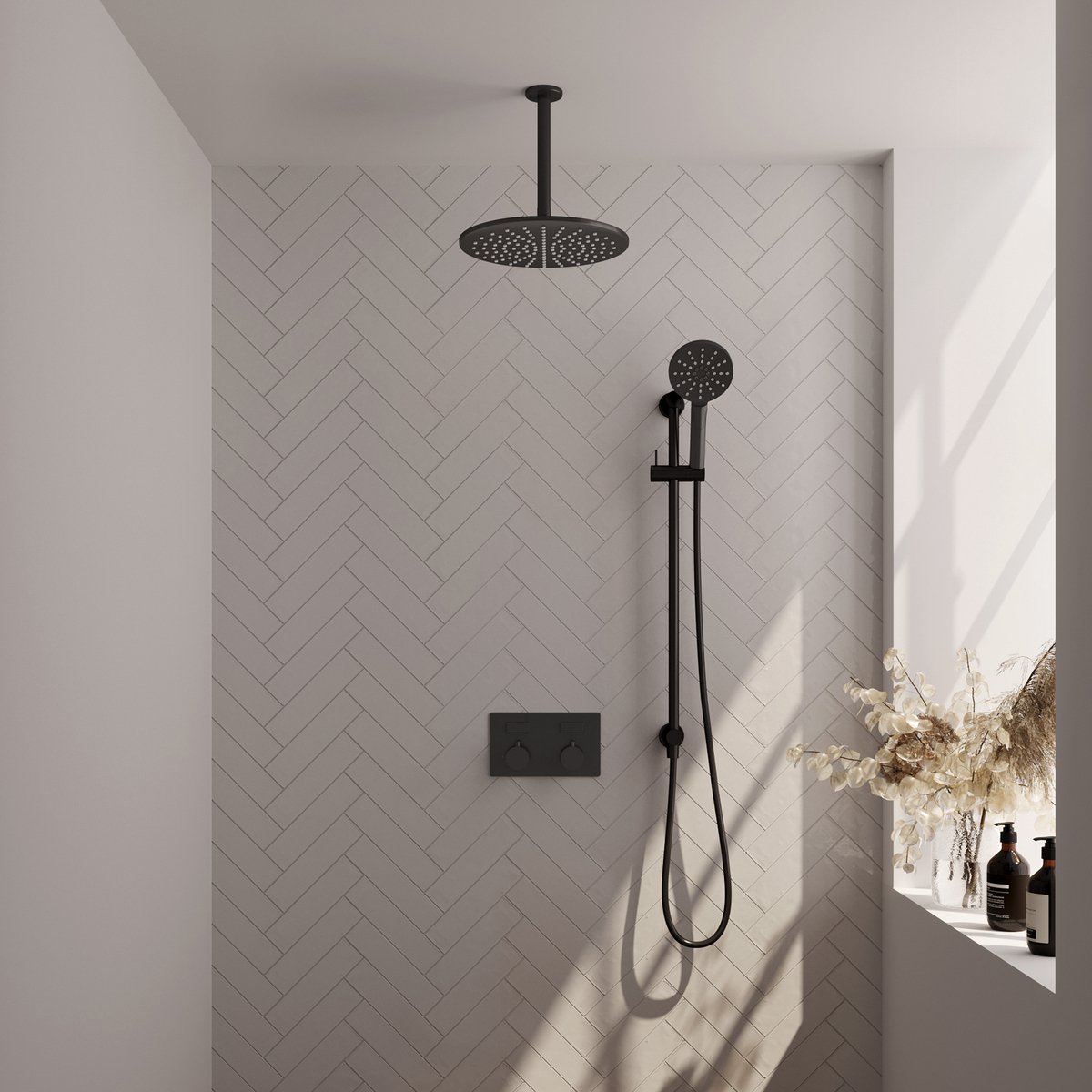 BRAUER Black Edition thermostatische inbouw regendouche met drukknoppen SET 72 met 30 cm douchekop en plafondarm en 3-standen handdouche en doucheslang en geïntegreerde glijstang mat zwart
